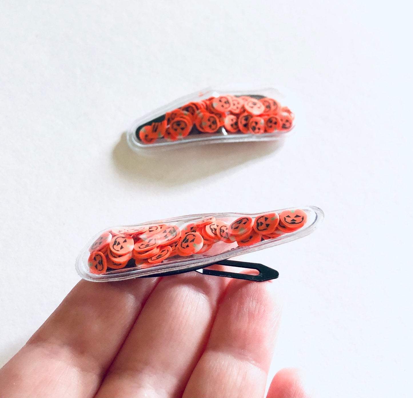 Teardrop Shaker Orange Pumpkin Confetti Halloween Hair Clips, Snap Clips, Set Of 2