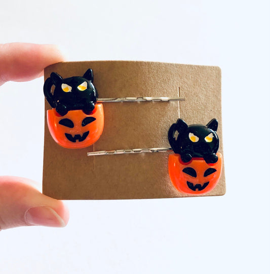 Set of 2 Black Cat Pumpkin Hair Clips Bobby Pins, Halloween Hair Clips