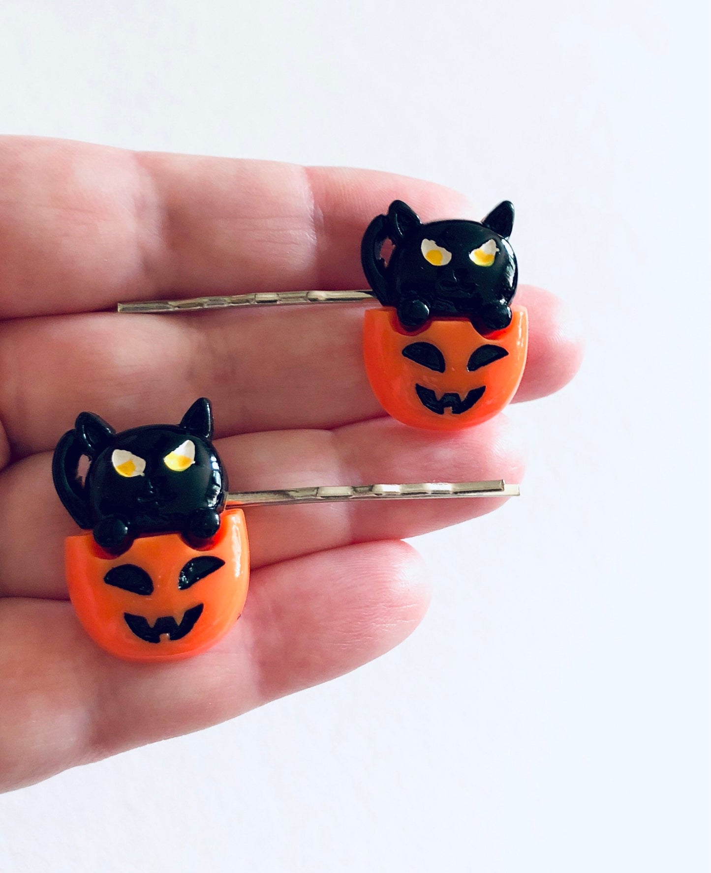 Set of 2 Black Cat Pumpkin Hair Clips Bobby Pins, Halloween Hair Clips