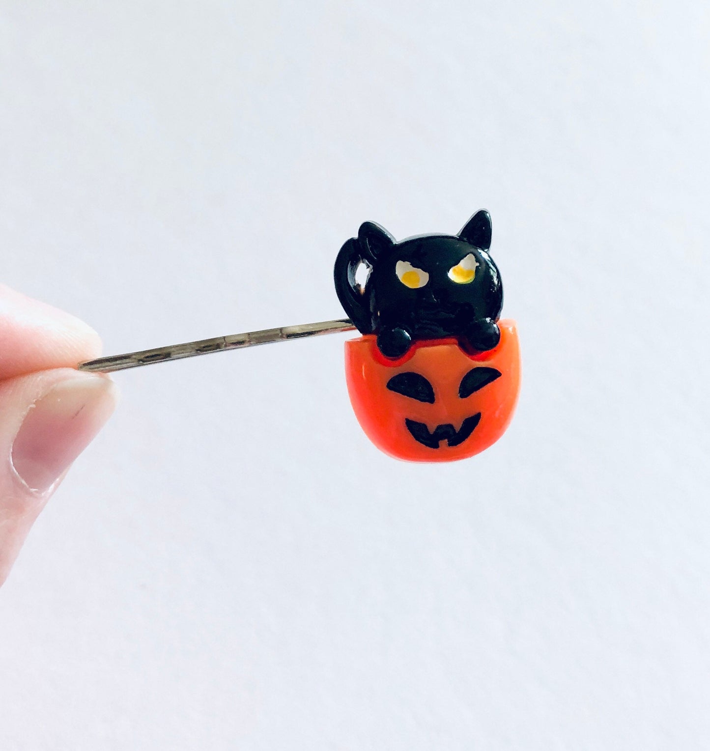 Set of 2 Black Cat Pumpkin Hair Clips Bobby Pins, Halloween Hair Clips