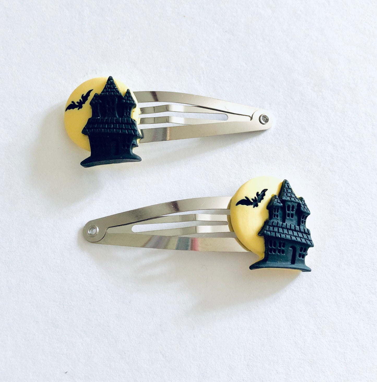 Haunted House Hair Clips Set of 2, Halloween Hair Clips, Vampire Castle Yellow Moon Black Bat. Halloween costume