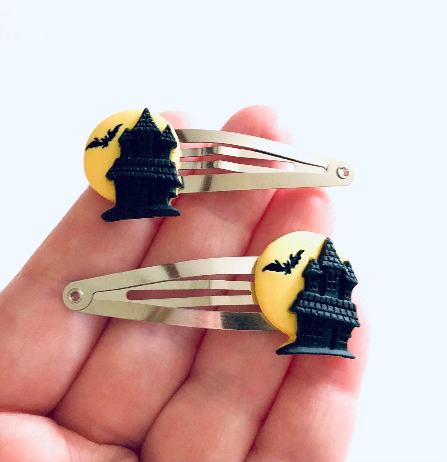 Haunted House Hair Clips Set of 2, Halloween Hair Clips, Vampire Castle Yellow Moon Black Bat. Halloween costume