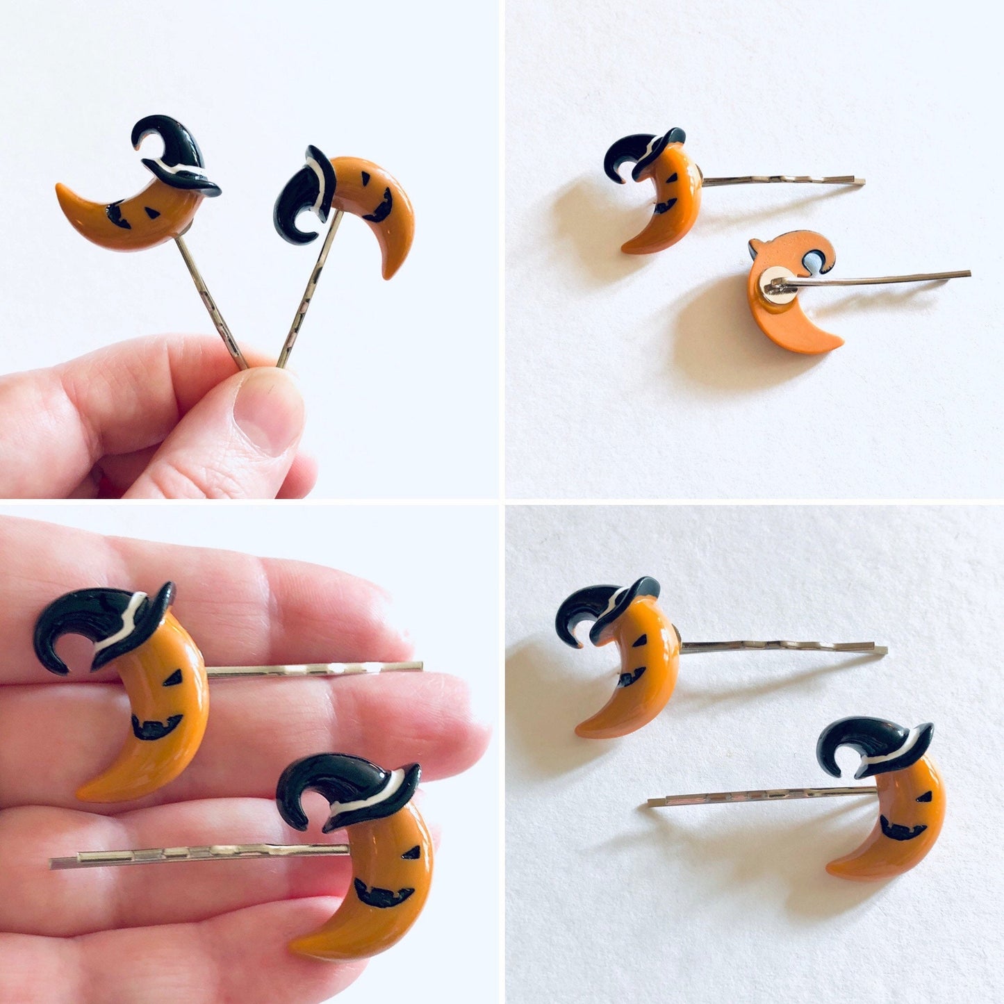 Set of 2 Crescent Moon Pumpkin Hair Clips Bobby Pins with Witch Hats on