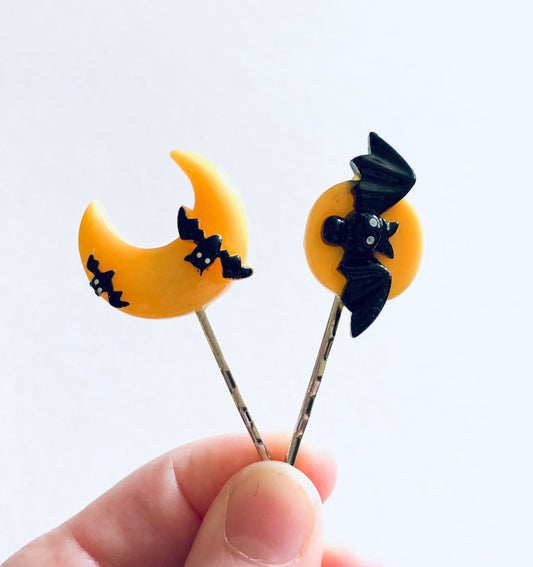 Yellow Moon & Bats Hair Clips Bobby Pins, Set of 2 Halloween Hair Clips Girls