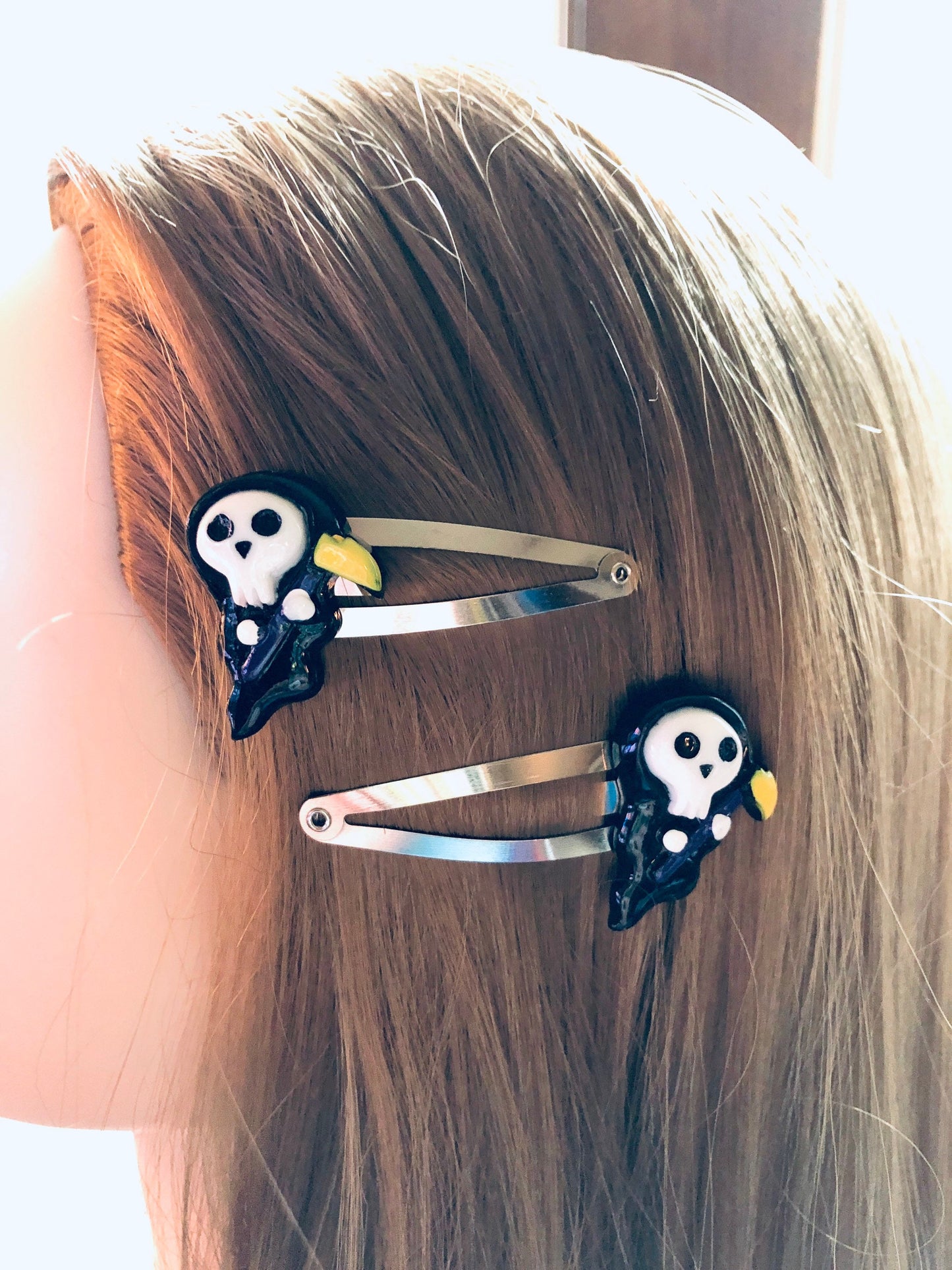 The Grim Reaper Hair Clips Set Of 2, Snap Clips, Goth Girl Skeleton Halloween Hair Clips