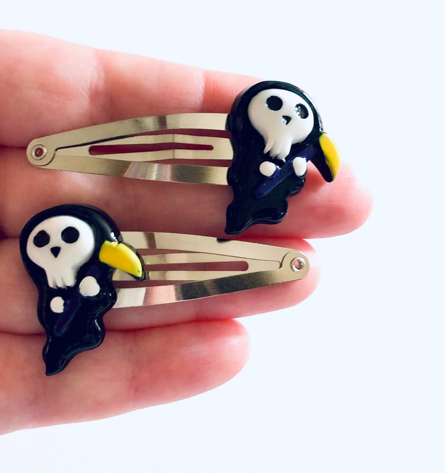 The Grim Reaper Hair Clips Set Of 2, Snap Clips, Goth Girl Skeleton Halloween Hair Clips