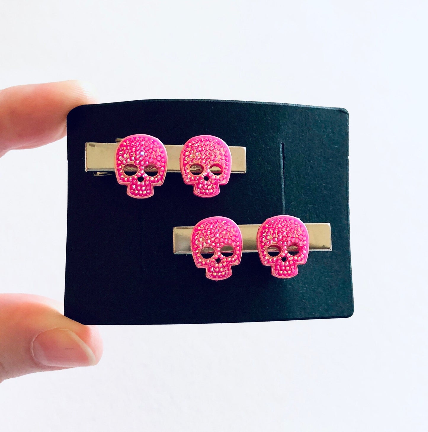 Mini Glitter Pink Sugar Skulls Hair Clips, Set of 2, Skeleton Alligator Clips, Barrettes Cute Spooky Season Halloween