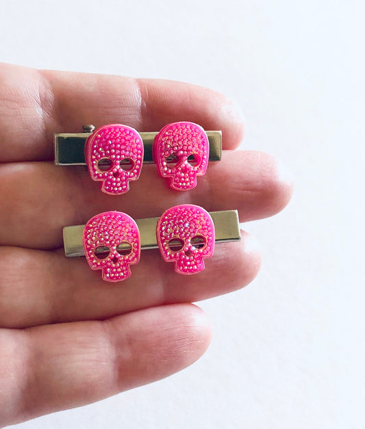 Mini Glitter Pink Sugar Skulls Hair Clips, Set of 2, Skeleton Alligator Clips, Barrettes Cute Spooky Season Halloween