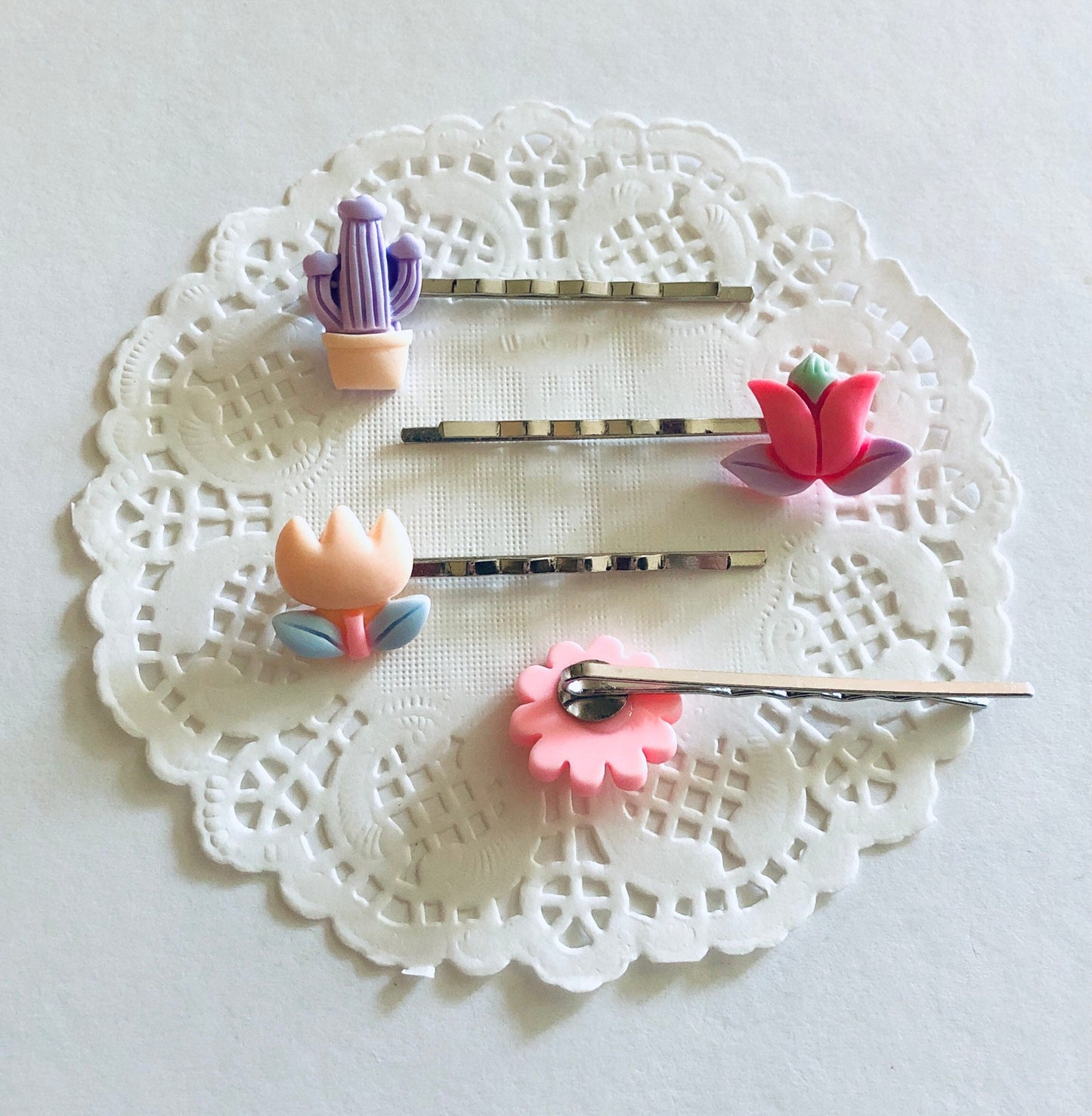 SET OF 4 Kawaii Pastel Cactus & Plants Hair Clips, Flower Bobby Pins, Lolita Hair Barrettes, Cute Pink Hair Accessories