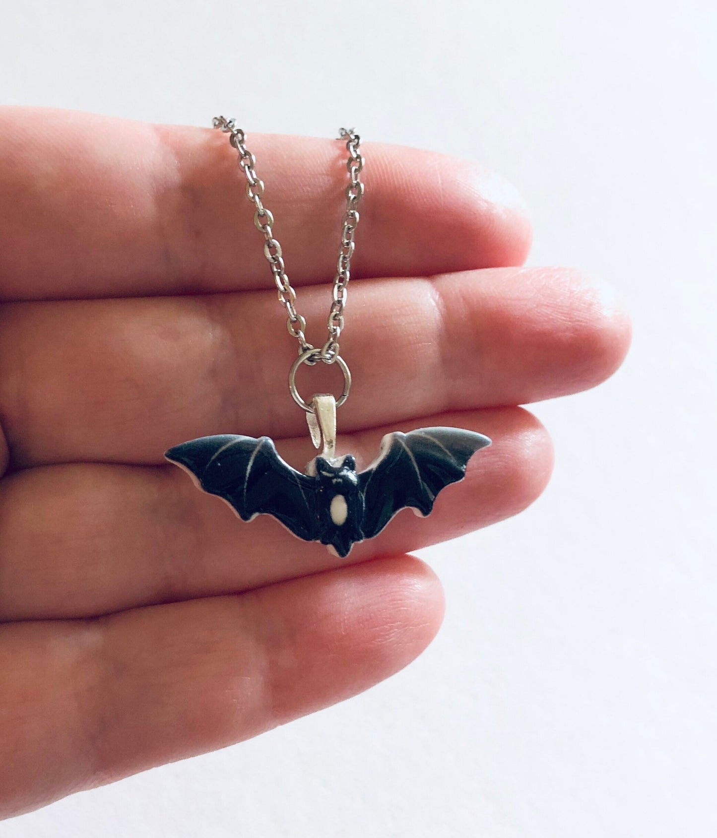 Spooky Black Bat Necklace, Halloween Necklace Resin Charm Stainless Steel Chain, Spooky Cute Bats Goth Witch