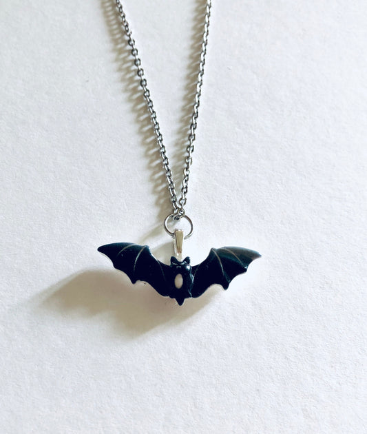 Spooky Black Bat Necklace, Halloween Necklace Resin Charm Stainless Steel Chain, Spooky Cute Bats Goth Witch