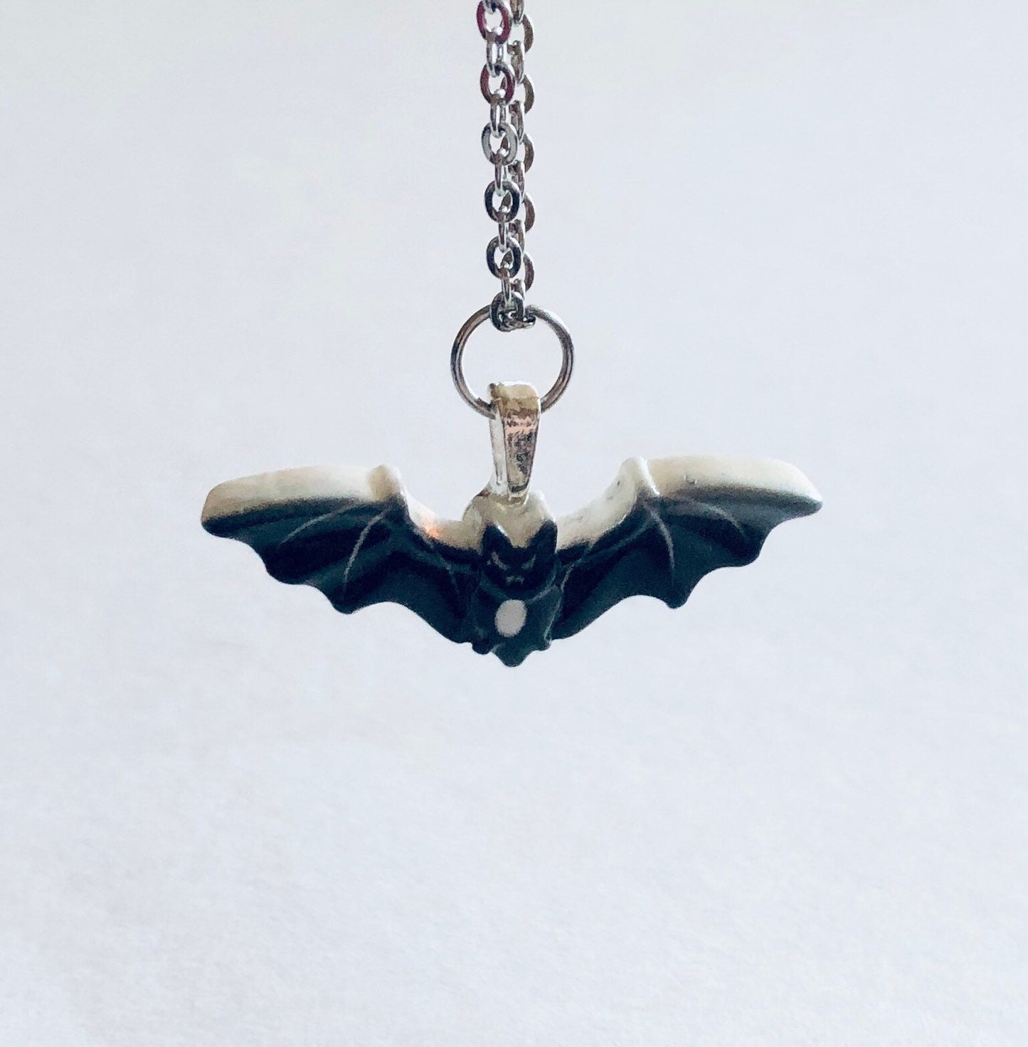 Spooky Black Bat Necklace, Halloween Necklace Resin Charm Stainless Steel Chain, Spooky Cute Bats Goth Witch