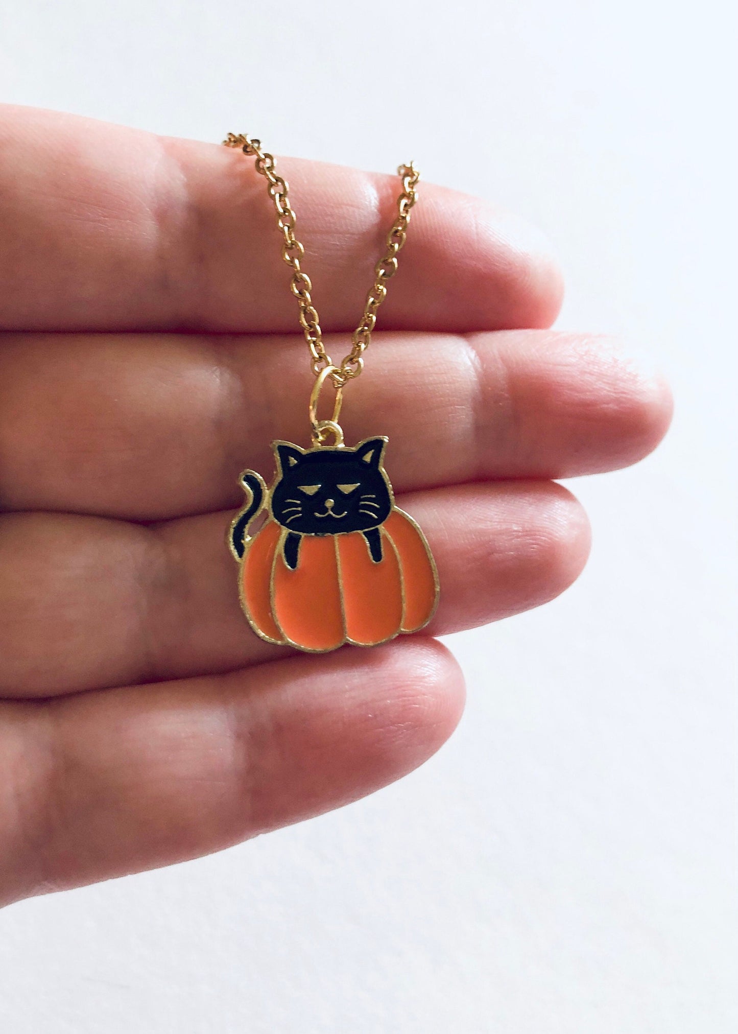 Black Cat on Pumpkin Gold Necklace, Cat Necklace, Pumpkin Necklace, Gold Halloween Necklace, Witchy Woman