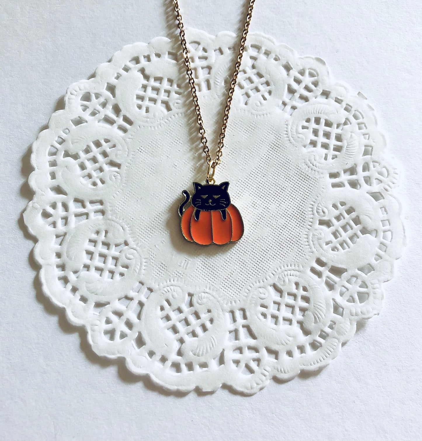 Black Cat on Pumpkin Gold Necklace, Cat Necklace, Pumpkin Necklace, Gold Halloween Necklace, Witchy Woman