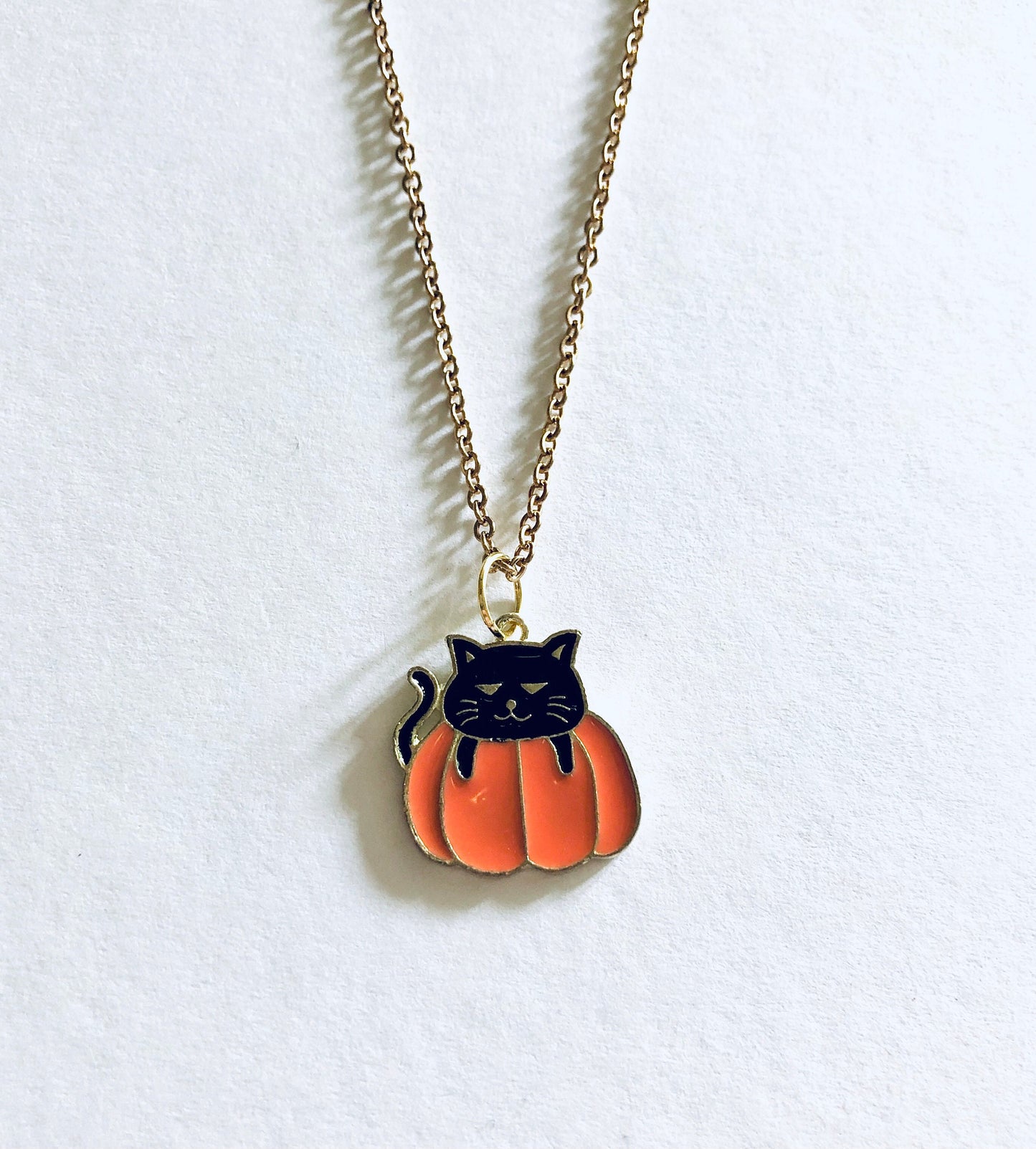 Black Cat on Pumpkin Gold Necklace, Cat Necklace, Pumpkin Necklace, Gold Halloween Necklace, Witchy Woman