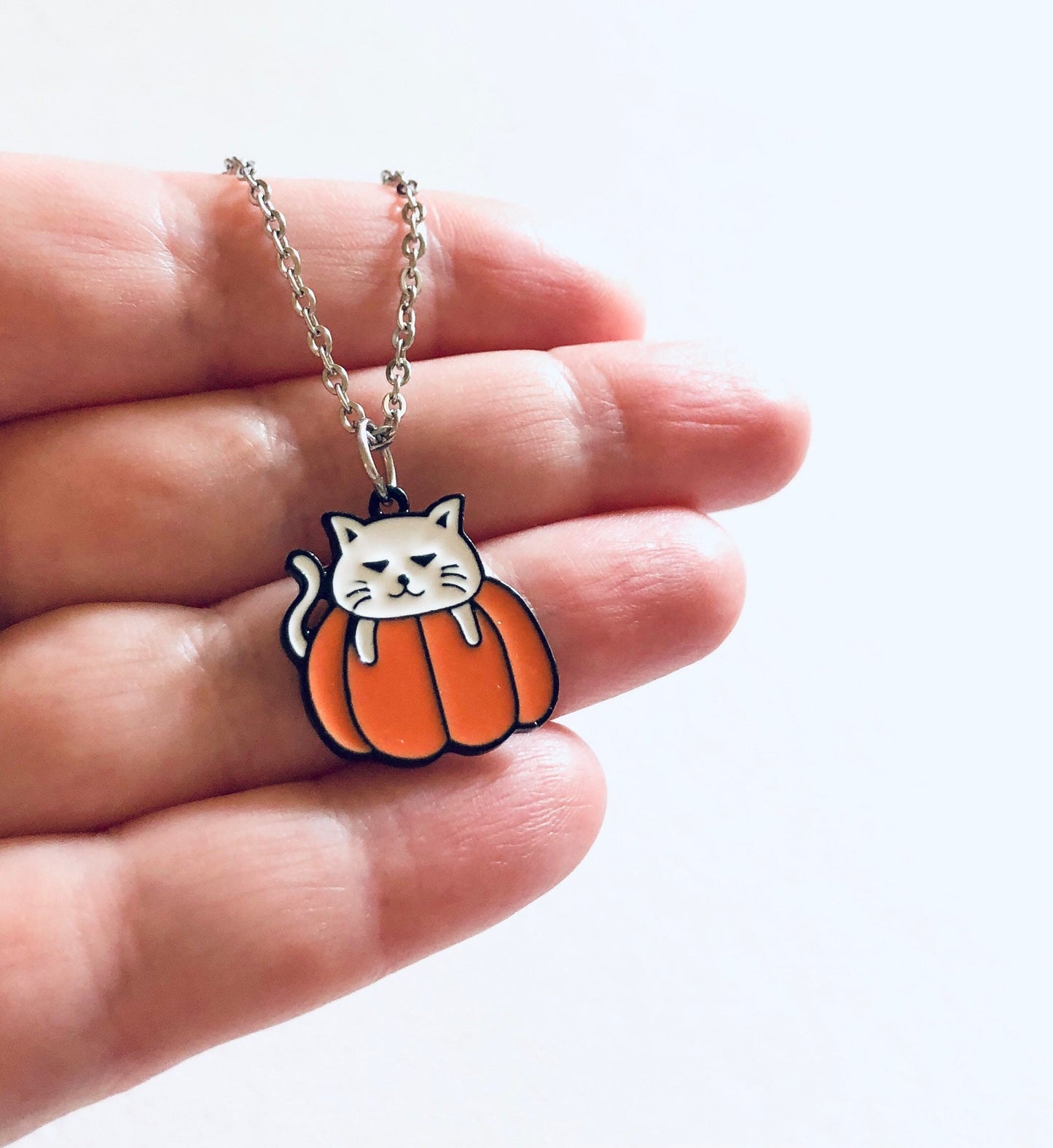 White Cat Necklace on Orange Pumpkin, Halloween Necklace, Stainless Steel Chain Enamel Charm, Cute Spooky Witch