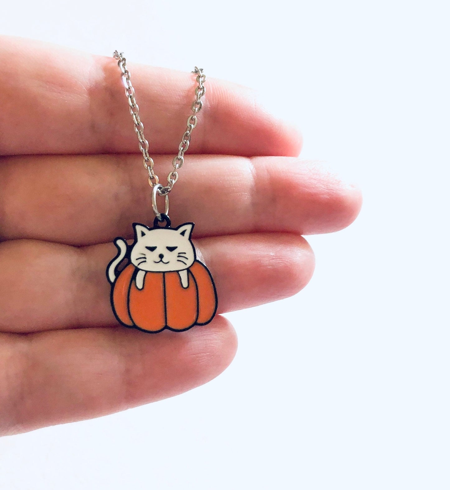 White Cat Necklace on Orange Pumpkin, Halloween Necklace, Stainless Steel Chain Enamel Charm, Cute Spooky Witch