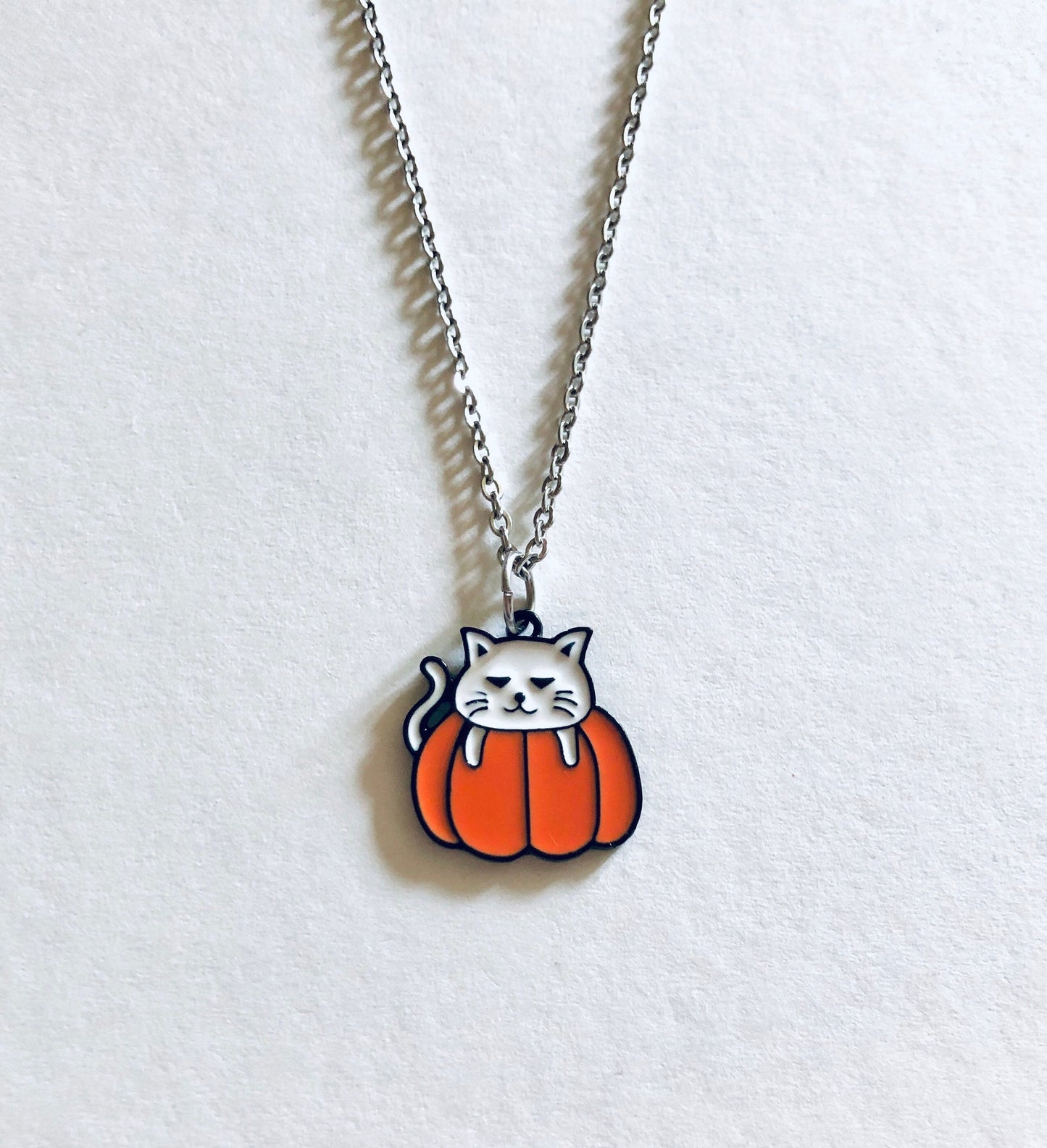 White Cat Necklace on Orange Pumpkin, Halloween Necklace, Stainless Steel Chain Enamel Charm, Cute Spooky Witch