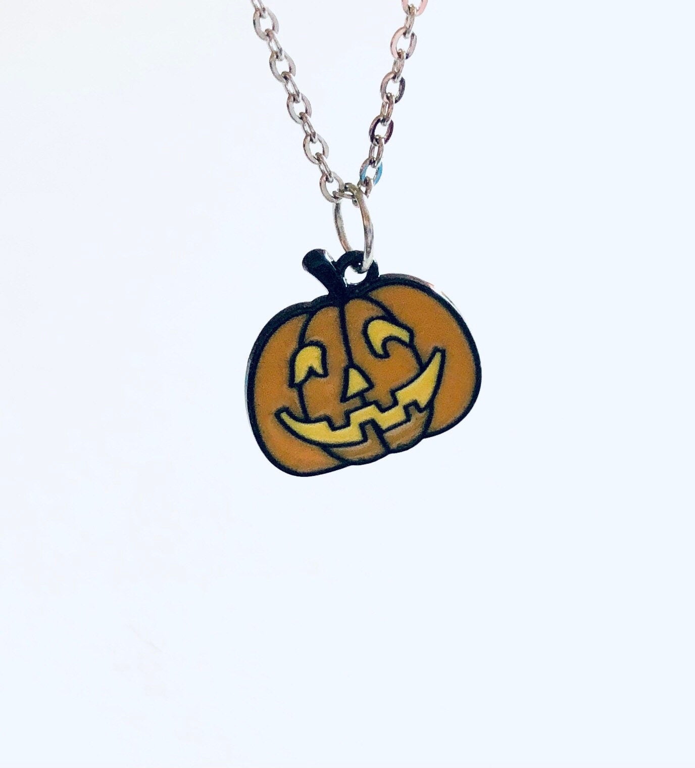 Spooky Pumpkin Necklace, Halloween Necklace Orange Pumpkin with Horror Face, Spooky Season Witchy Goth