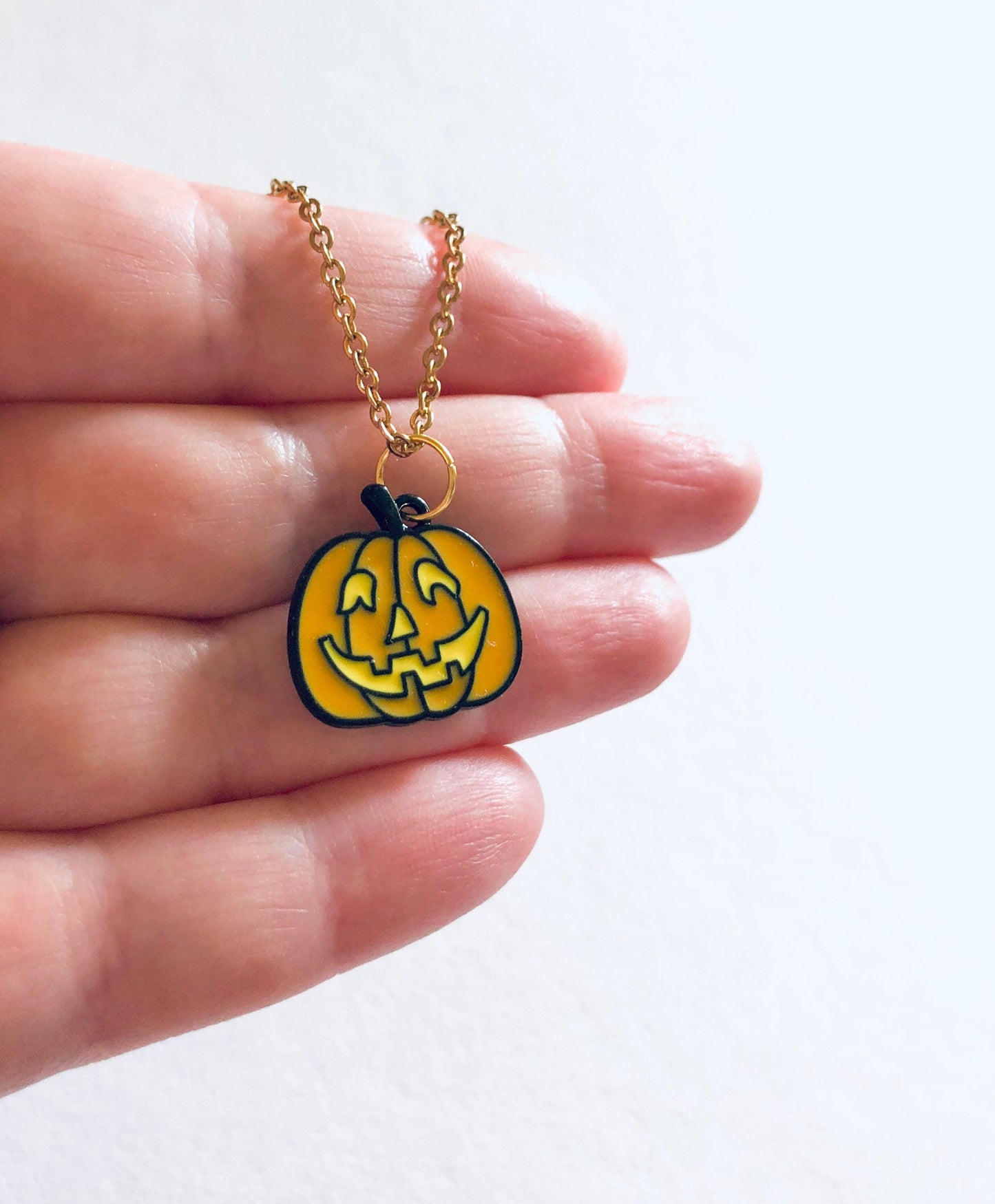 Pumpkin Necklace, Orange & Gold Pumpkin Necklace Horror Spooky Face Halloween Necklace, Gothic Girl Goth Witch Spooky Season Fall