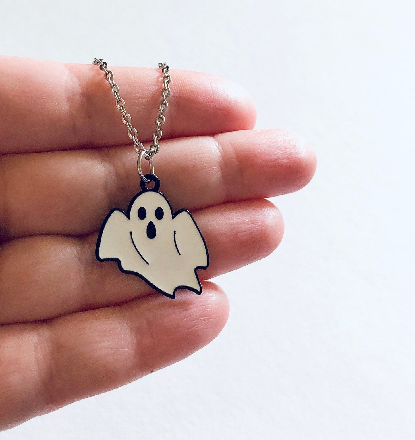 Ghost Necklace, Halloween Necklace, White Ghost Charm on Dainty Silver Stainless Steel Chain