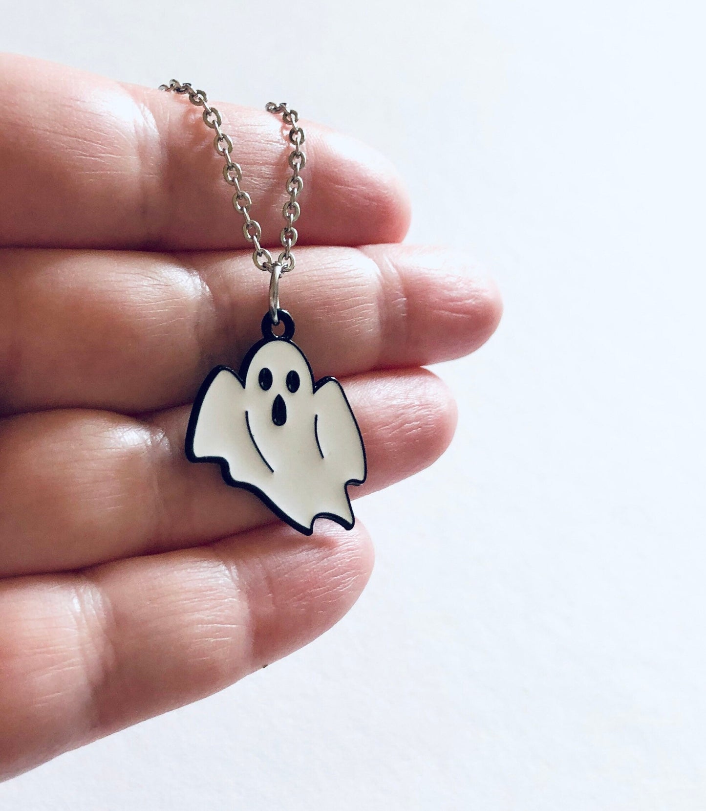 Ghost Necklace, Halloween Necklace, White Ghost Charm on Dainty Silver Stainless Steel Chain