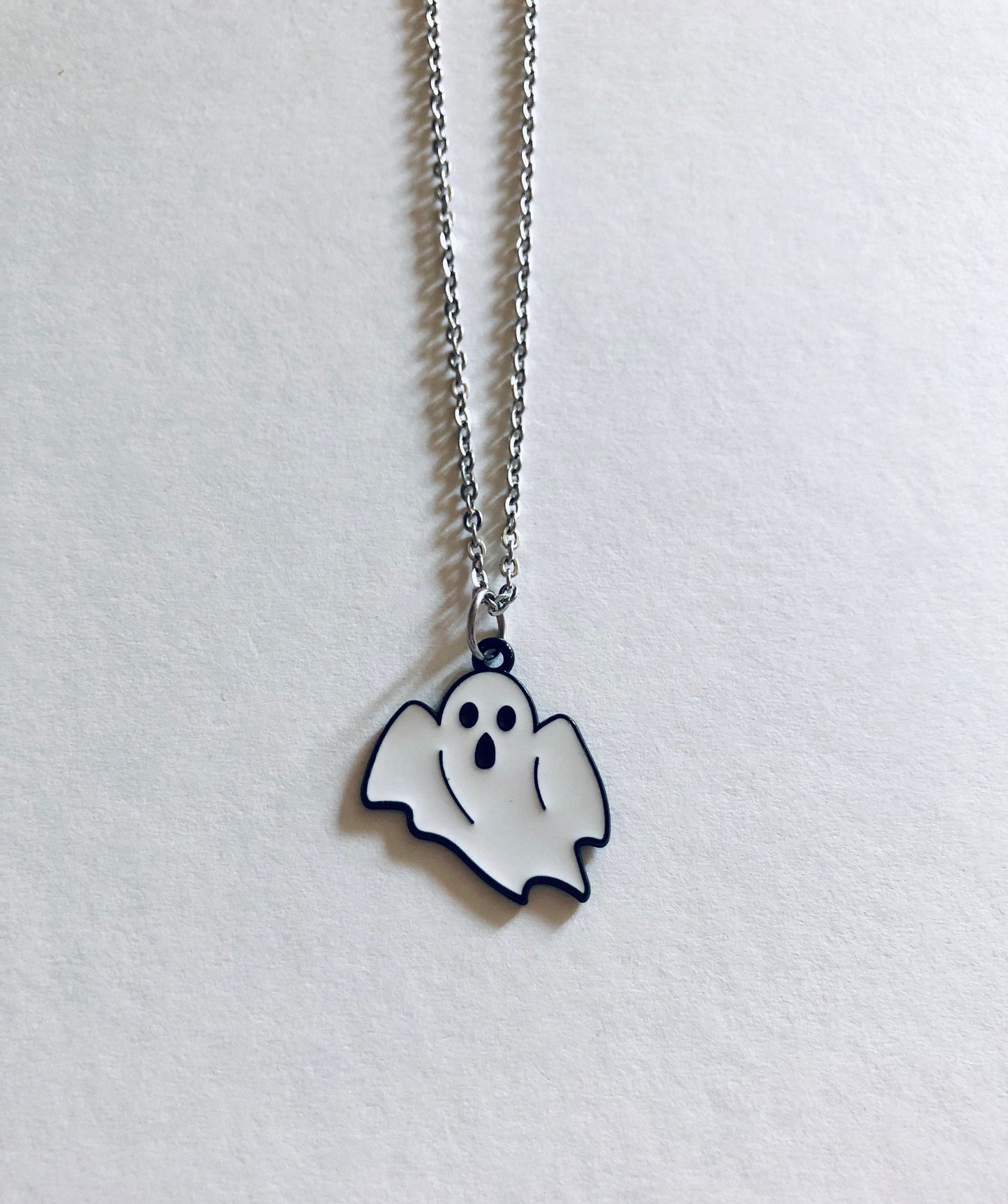 Ghost Necklace, Halloween Necklace, White Ghost Charm on Dainty Silver Stainless Steel Chain