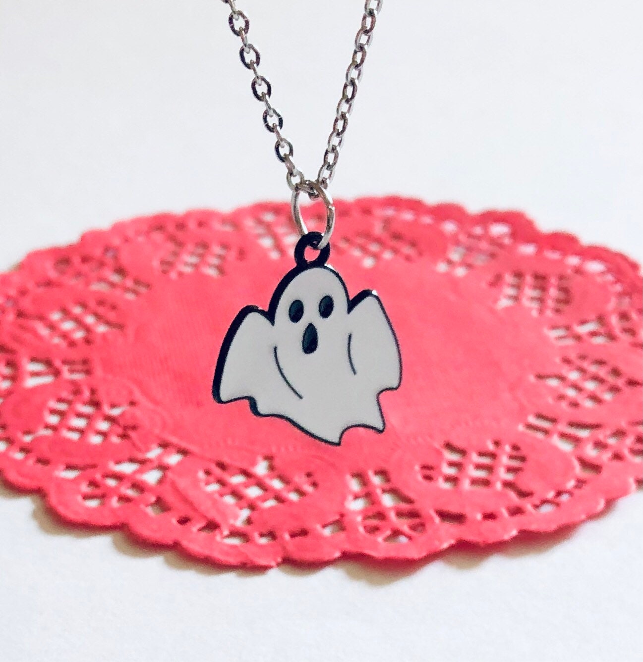 Ghost Necklace, Halloween Necklace, White Ghost Charm on Dainty Silver Stainless Steel Chain