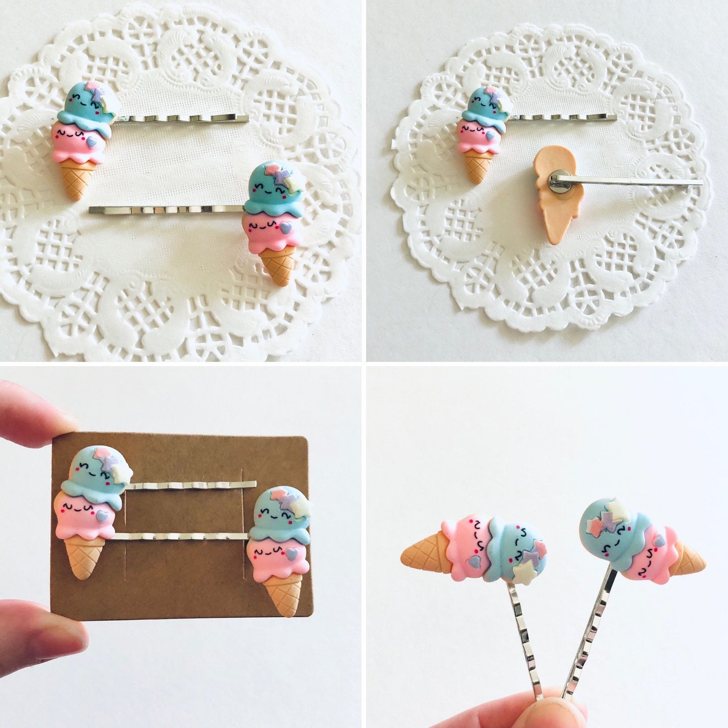 Pastel Kawaii Ice Cream Hair Clips SET OF 2, Lollipop Bobby Pins Cute