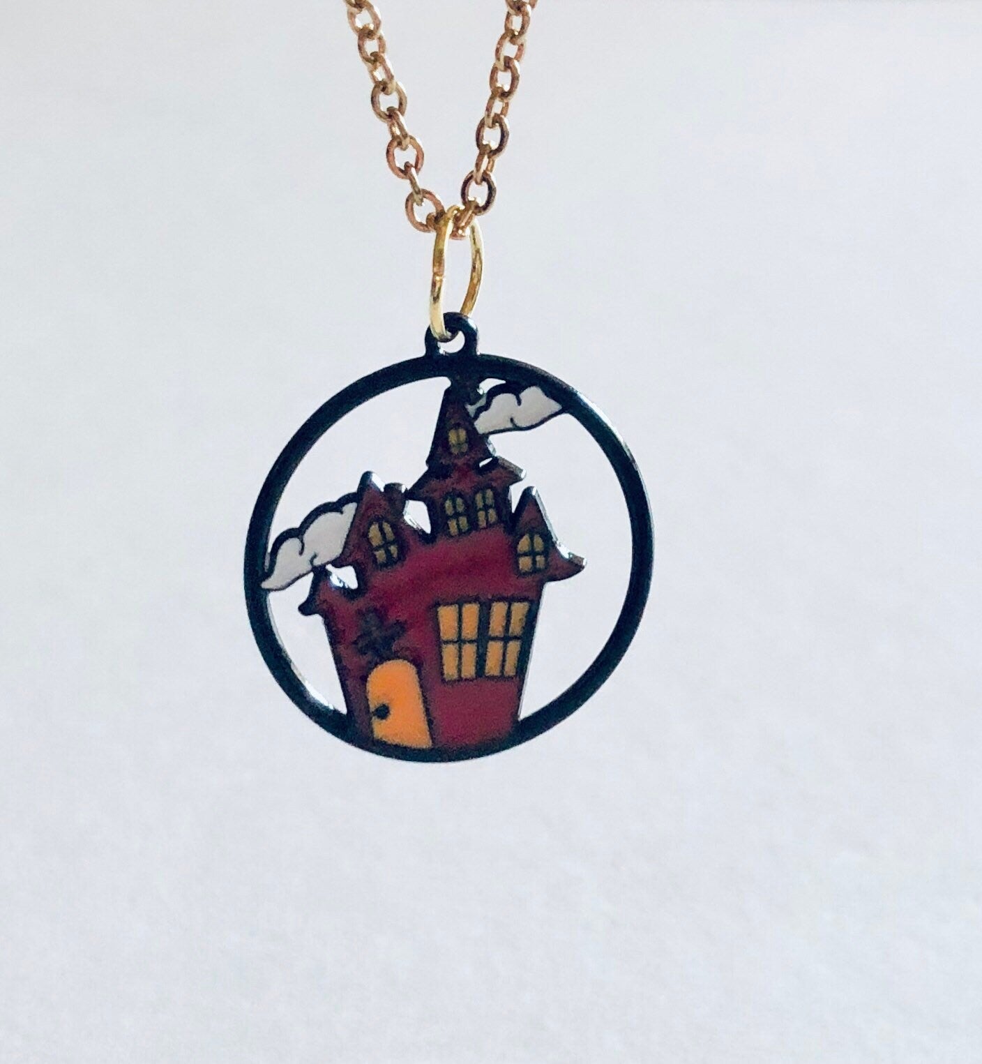 Haunted House Necklace, Spooky Season Halloween Necklace Jewelry, Gold Plated Chain Enamel Charm, Ghost Necklace