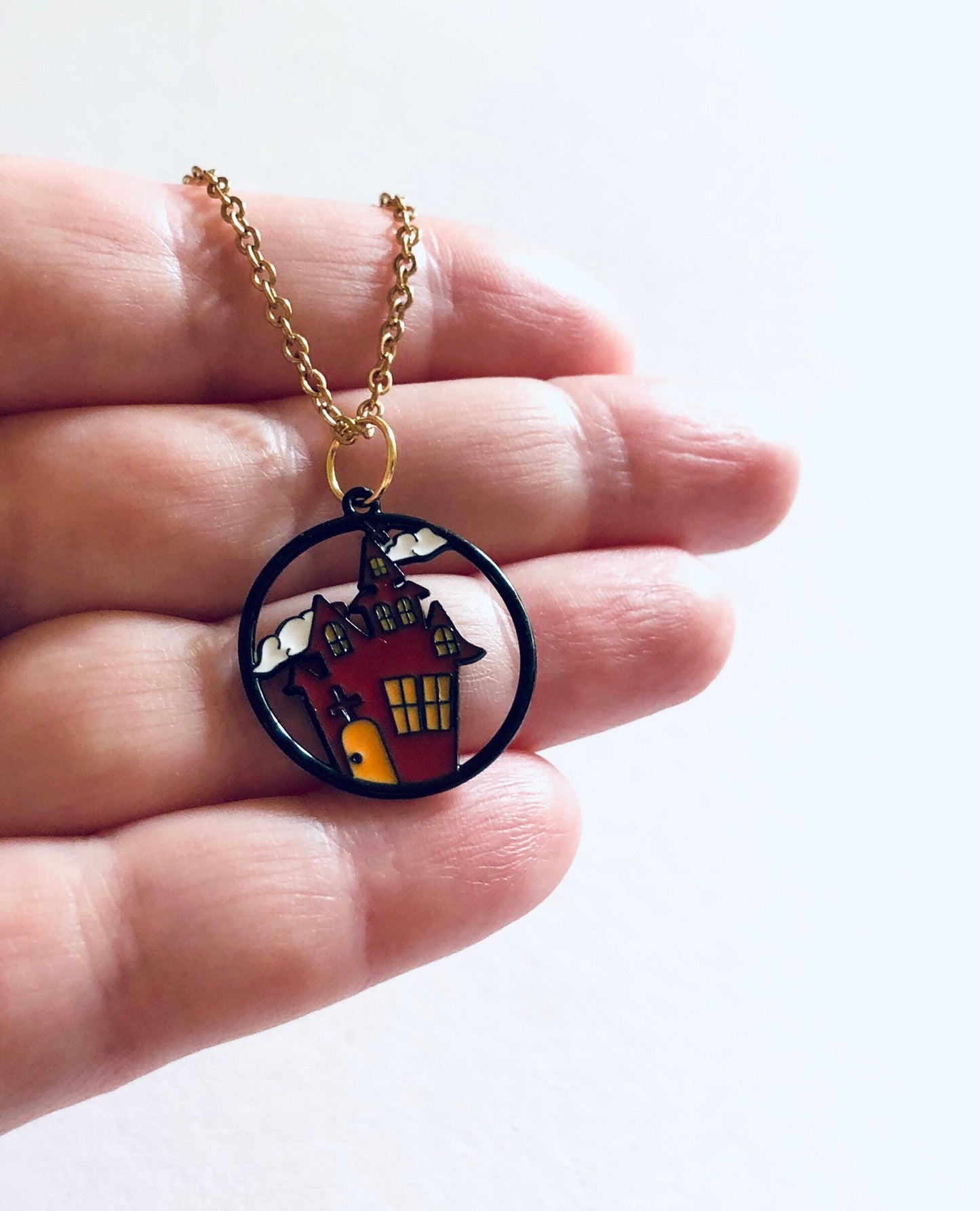 Haunted House Necklace, Spooky Season Halloween Necklace Jewelry, Gold Plated Chain Enamel Charm, Ghost Necklace