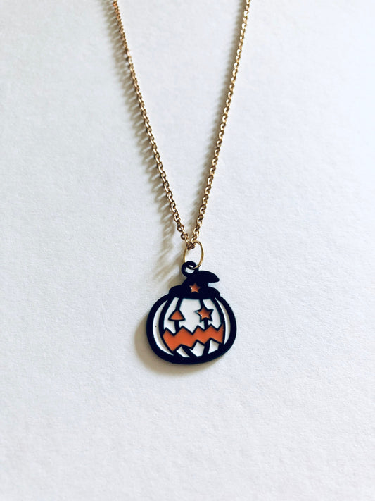 Halloween Pumpkin Necklace, Retro Horror Spooky Face On Gold Plated Chain