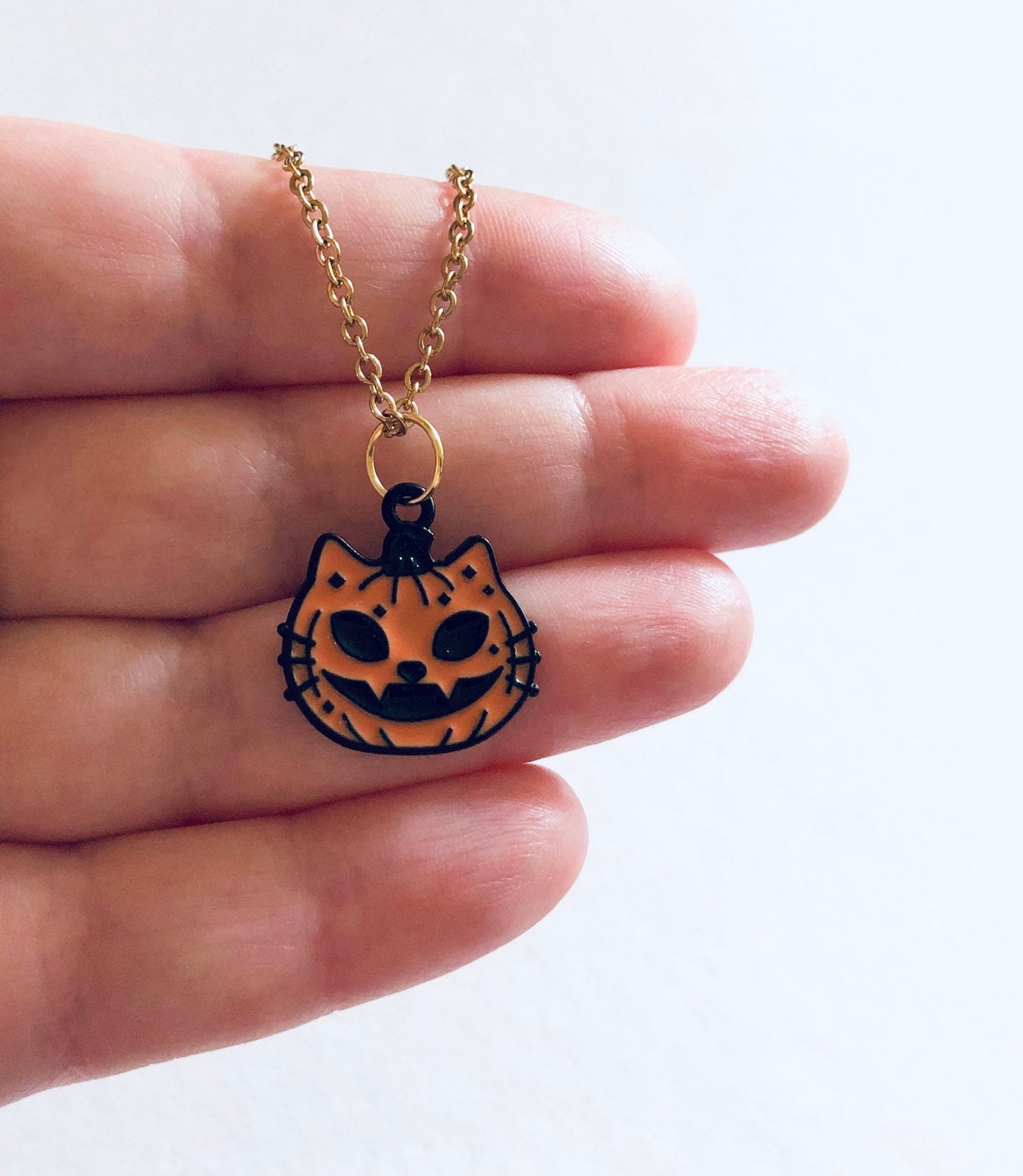 Halloween Pumpkin Cat Necklace, Orange  Retro Spooky Season Cat Face Jewelry, Witchy Woman, Halloween Necklace, Cat Necklace.