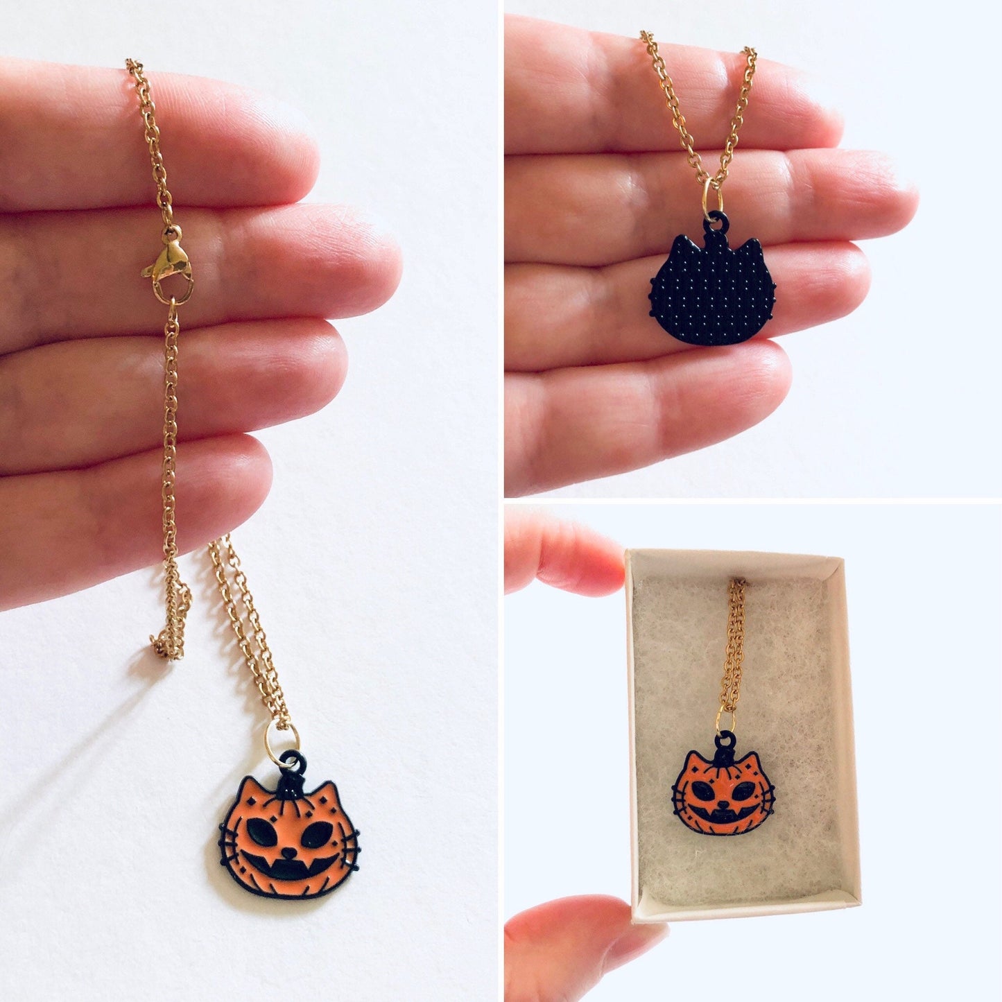 Halloween Pumpkin Cat Necklace, Orange  Retro Spooky Season Cat Face Jewelry, Witchy Woman, Halloween Necklace, Cat Necklace.