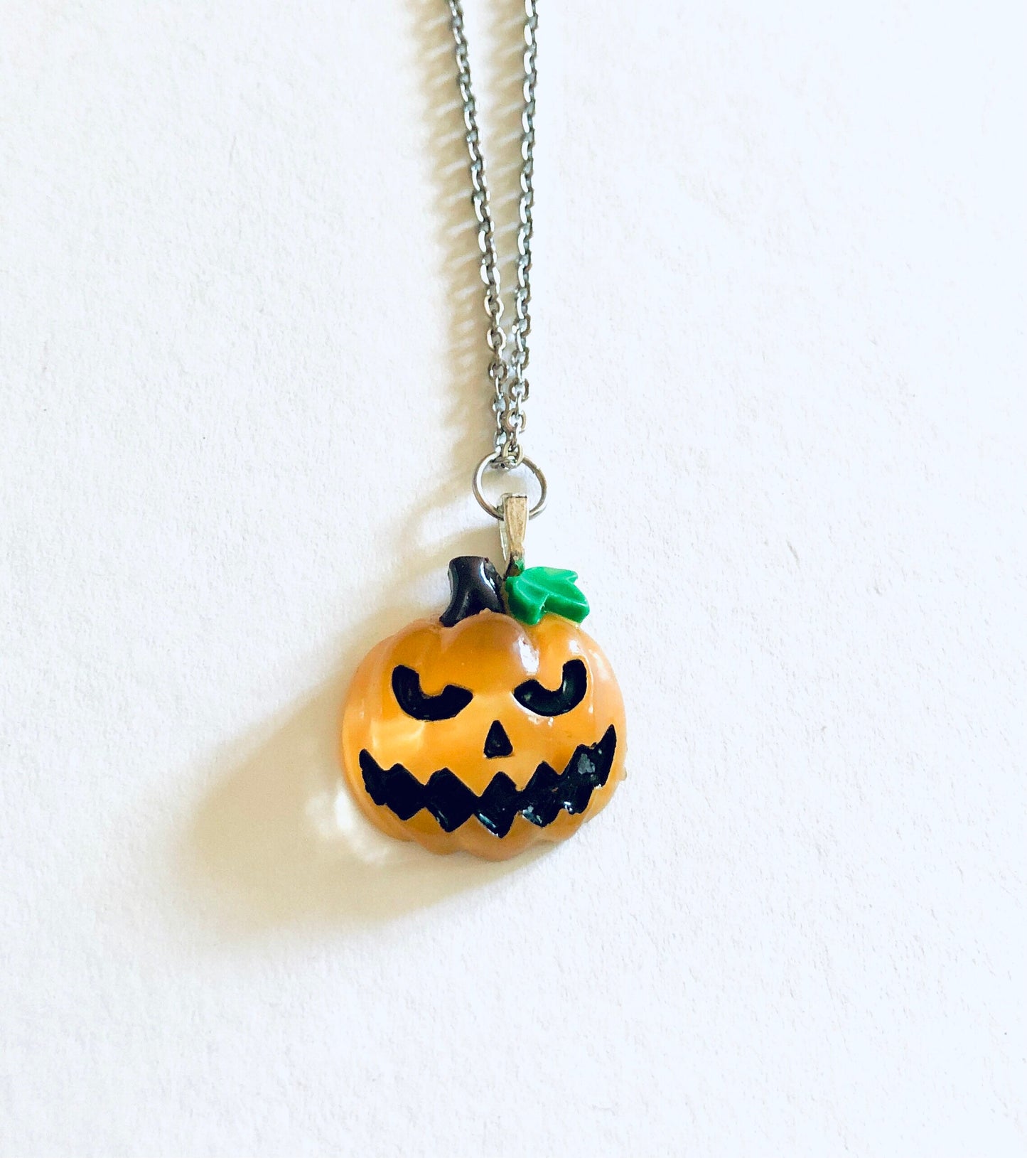 Spooky Pumpkin Necklace, Jack O' Lantern Necklace, Scary Face Orange Pumpkin Halloween Necklace, Silver Stainless Steel