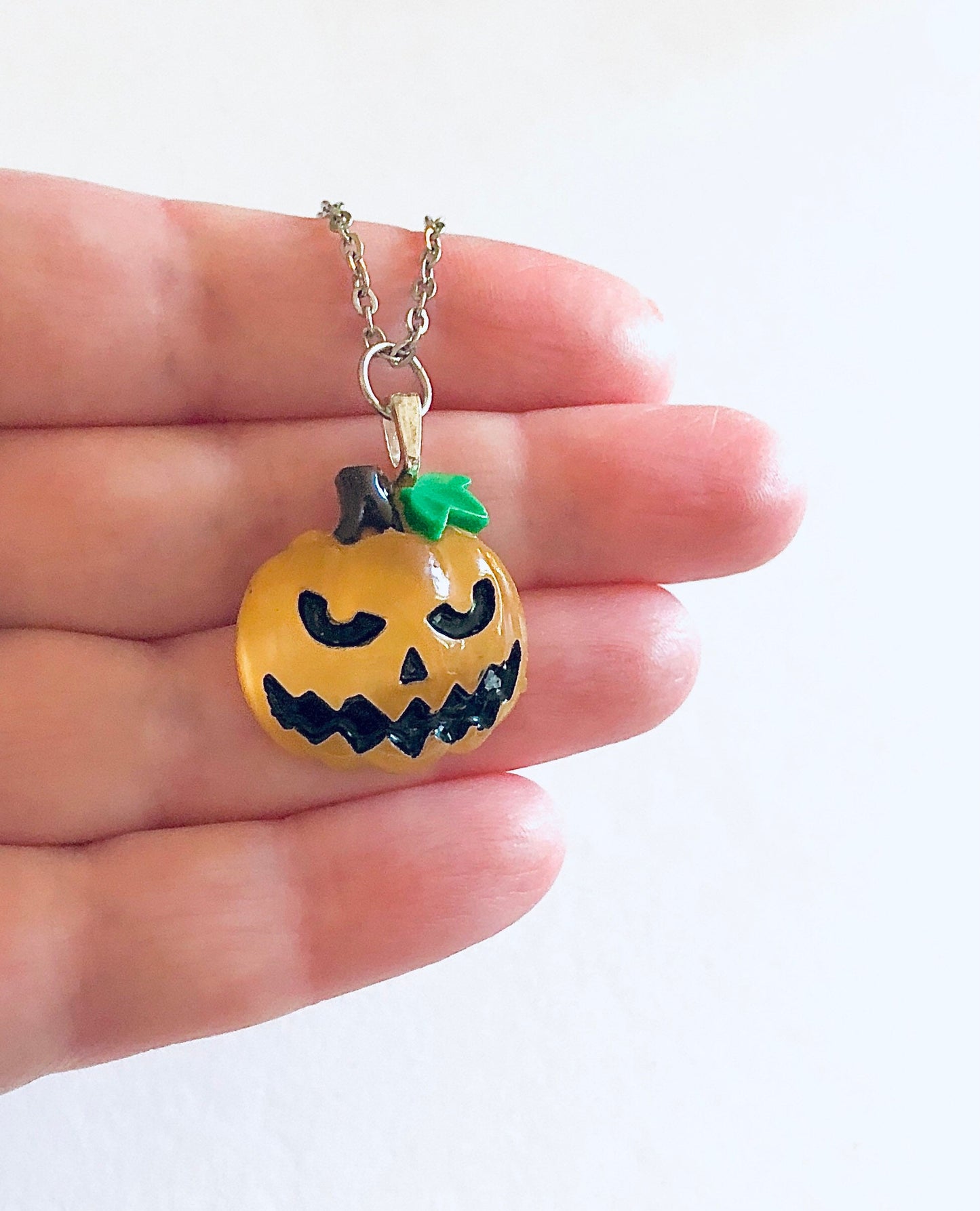 Spooky Pumpkin Necklace, Jack O' Lantern Necklace, Scary Face Orange Pumpkin Halloween Necklace, Silver Stainless Steel