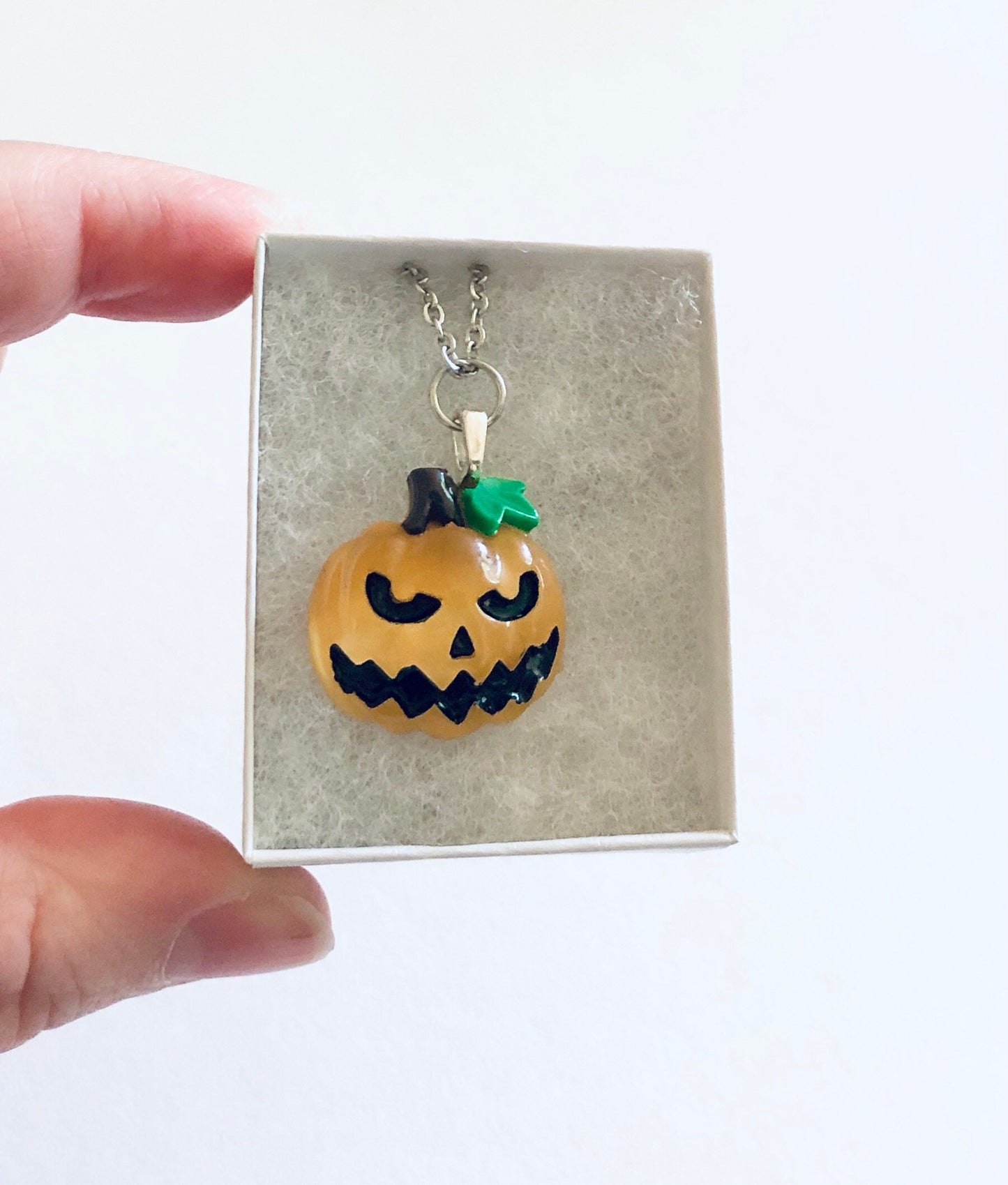 Spooky Pumpkin Necklace, Jack O' Lantern Necklace, Scary Face Orange Pumpkin Halloween Necklace, Silver Stainless Steel