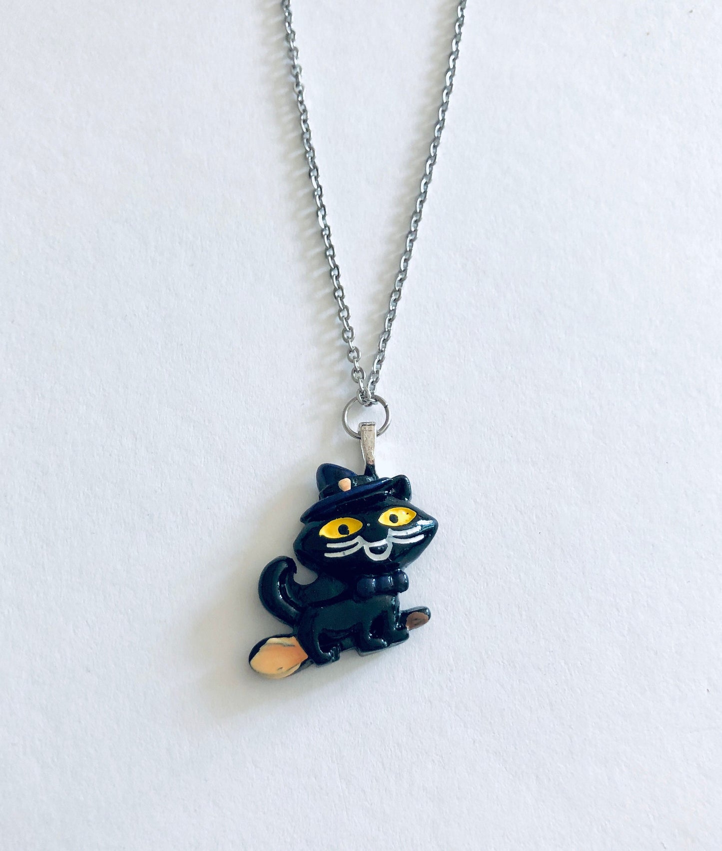 Witches Black Cat on a Witches Broomstick Necklace, Halloween Necklace, Cat Necklace, Silver Chain