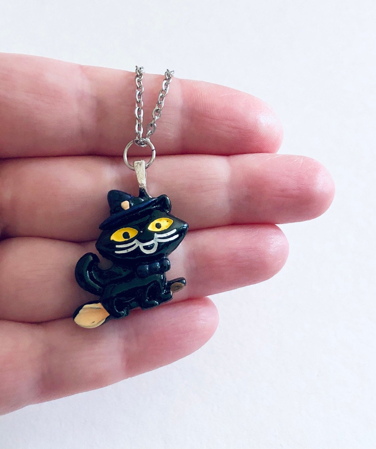 Witches Black Cat on a Witches Broomstick Necklace, Halloween Necklace, Cat Necklace, Silver Chain