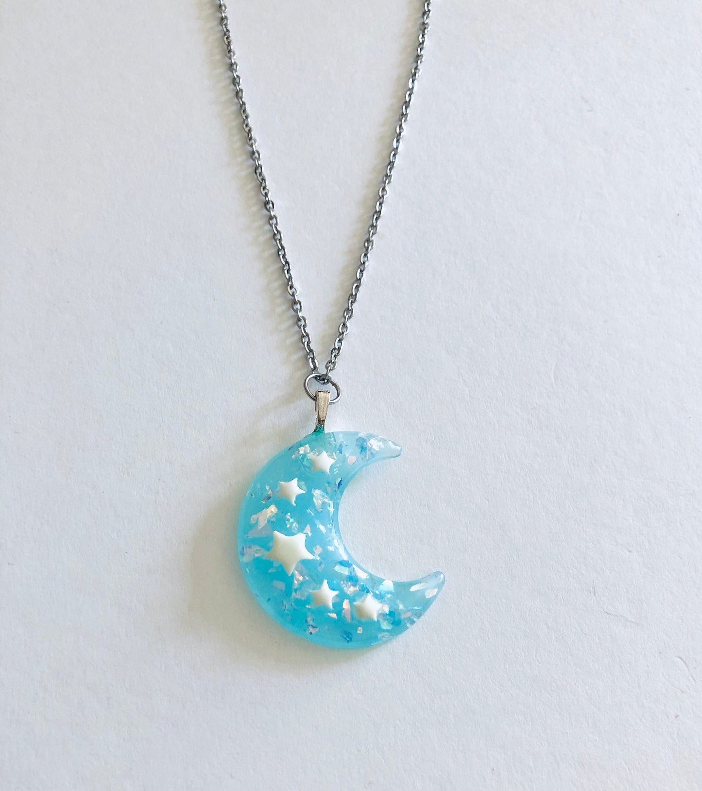 Sparkle Blue Crescent Moon Necklace, Resin Glitter Celestial Necklace, Pastel Goth