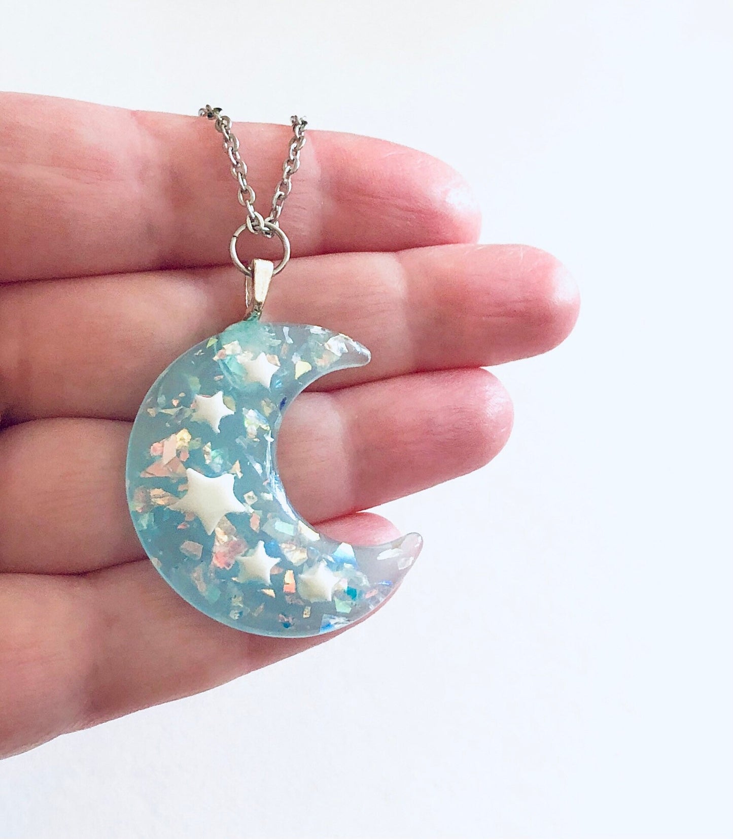 Sparkle Blue Crescent Moon Necklace, Resin Glitter Celestial Necklace, Pastel Goth