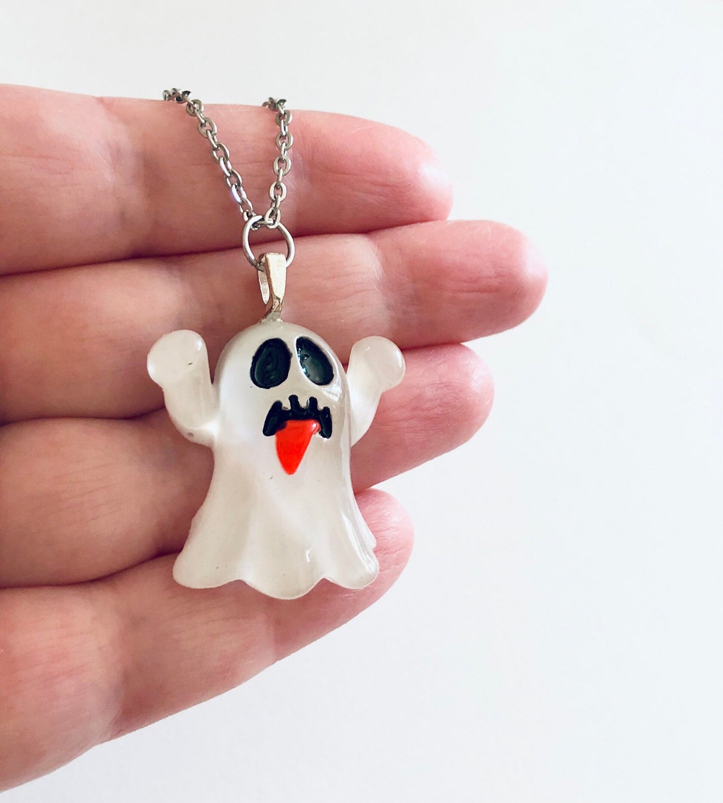 Hands Up Boo Ghost Necklace, Transparent White Resin Ghoul Halloween Necklace, Silver Chain