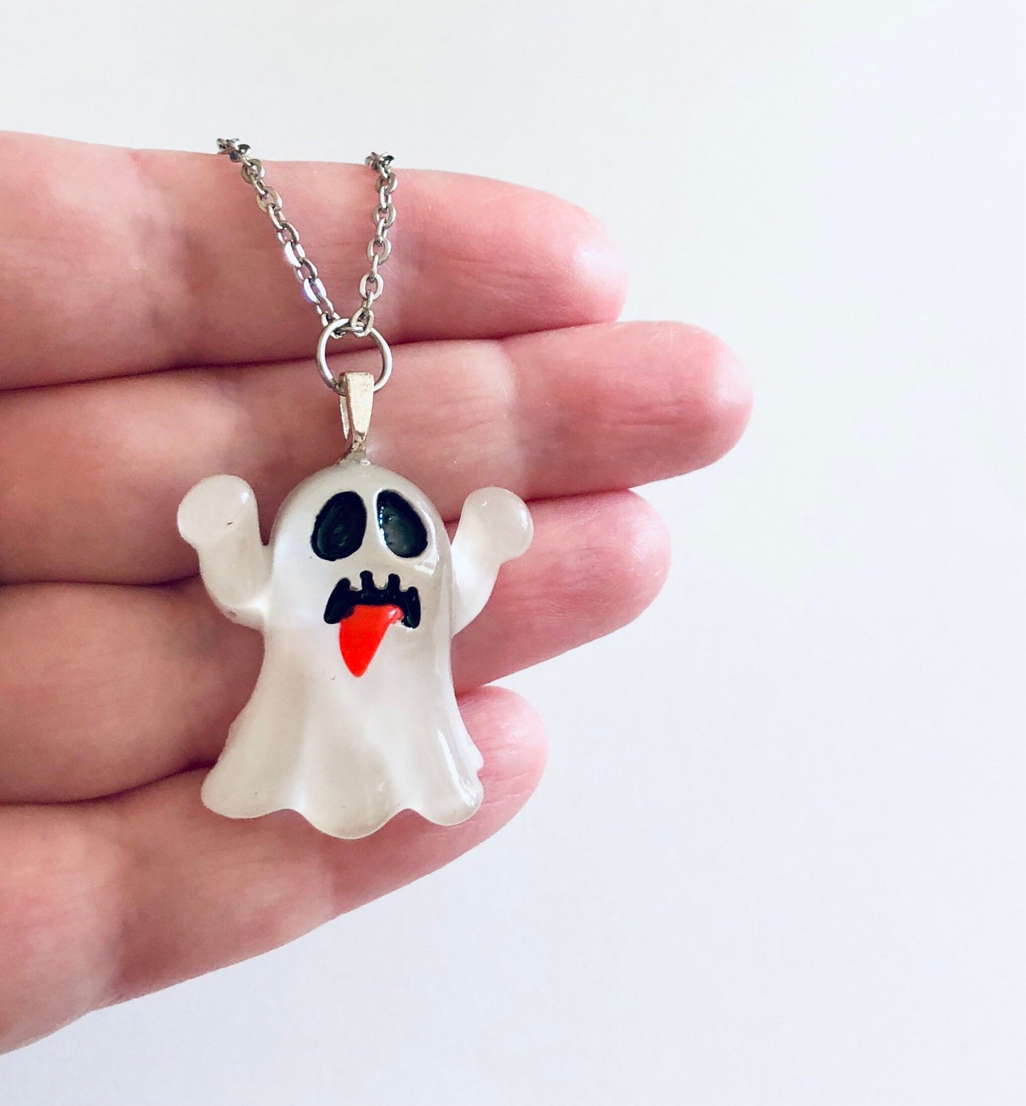 Hands Up Boo Ghost Necklace, Transparent White Resin Ghoul Halloween Necklace, Silver Chain