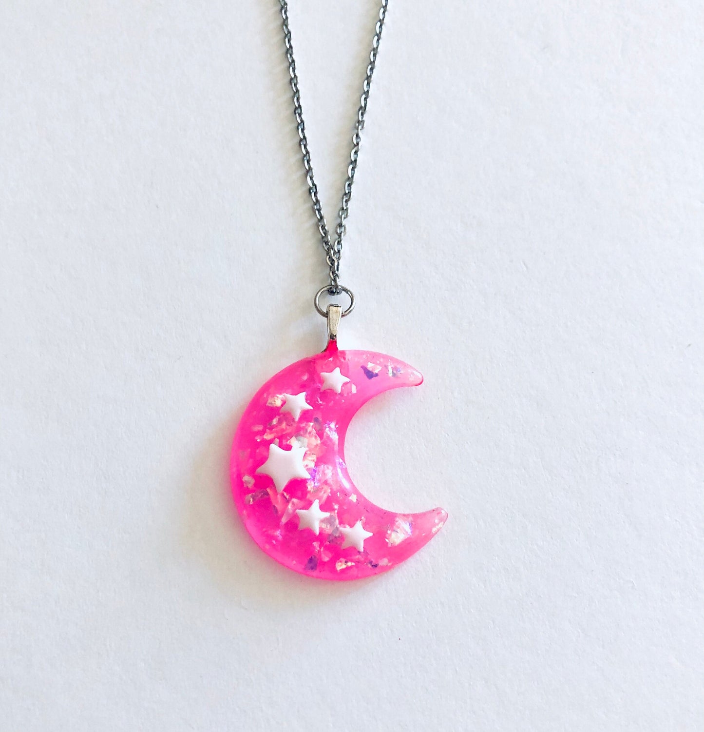 Pink Glitter Resin Moon Necklace, Pastel Goth Crescent Moon Necklace with Stars, Witchy