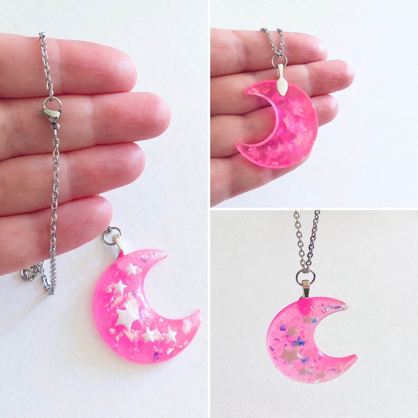 Pink Glitter Resin Moon Necklace, Pastel Goth Crescent Moon Necklace with Stars, Witchy