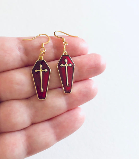 Coffin Earrings, Gold & Dark Red Coffin Earrings, Vampire Earrings, Goth Halloween Earrings Gothic