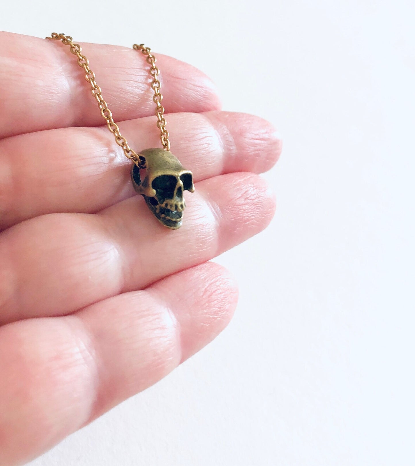 Golden Bronze Skull Necklace on Gold Plated Chain, 3D Skull Necklace, Goth