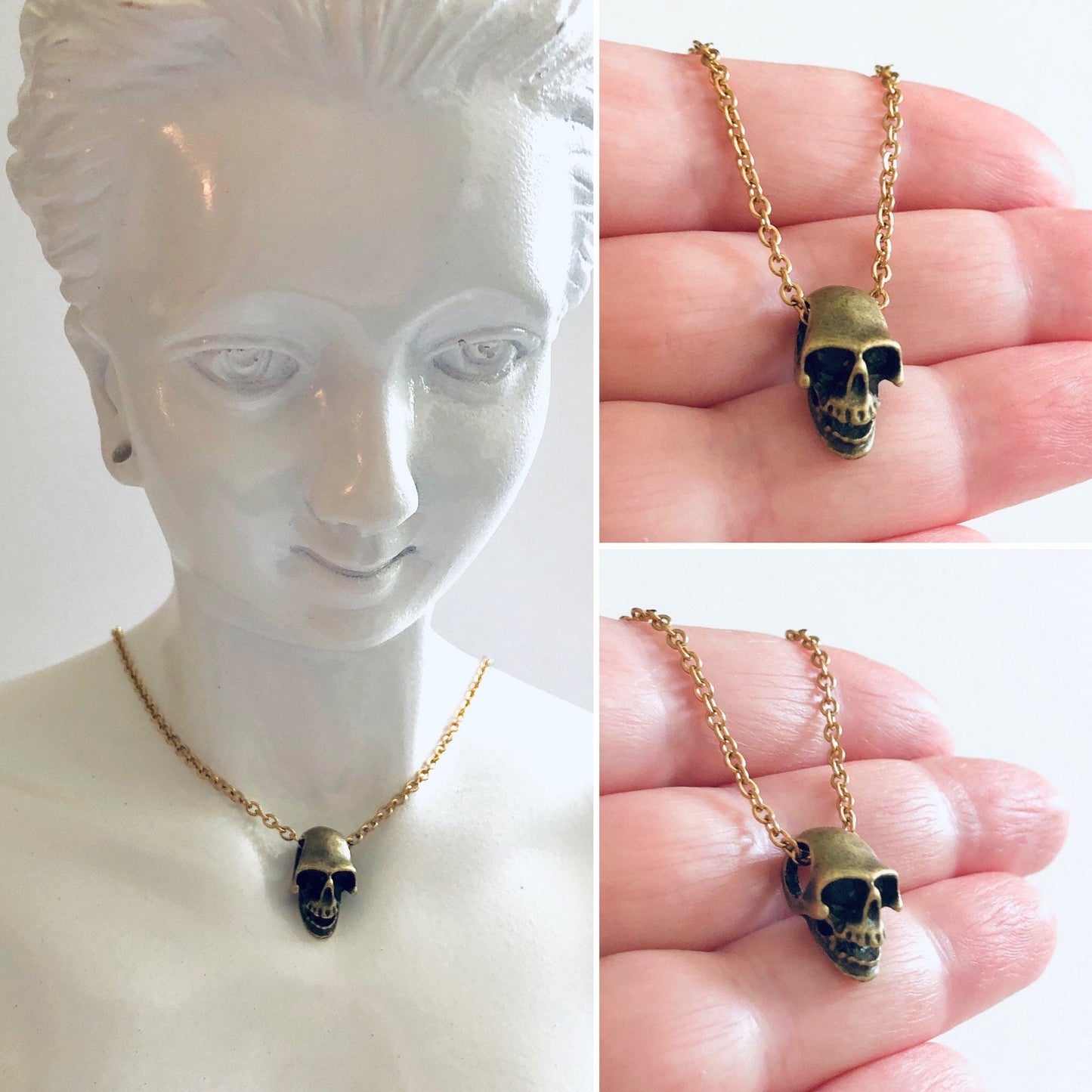 Golden Bronze Skull Necklace on Gold Plated Chain, 3D Skull Necklace, Goth