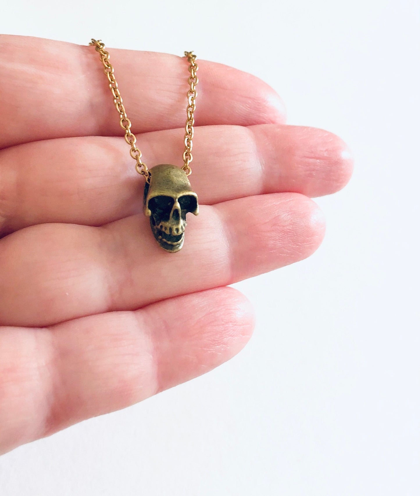 Golden Bronze Skull Necklace on Gold Plated Chain, 3D Skull Necklace, Goth