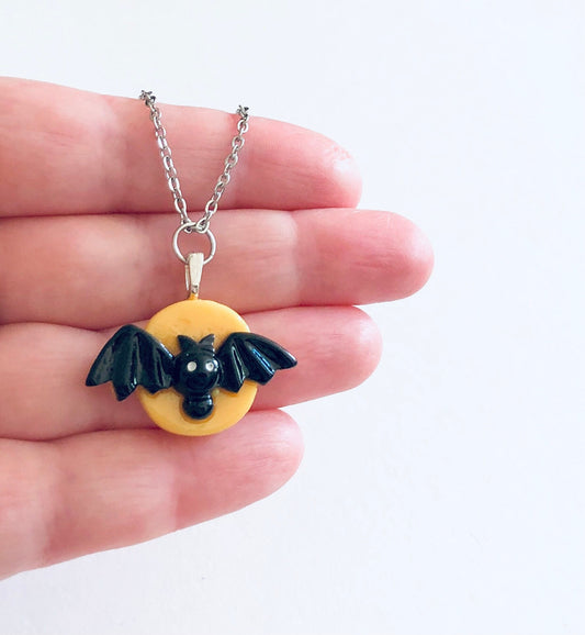 Yellow Moon Bat Necklace, Vampire Necklace, Stainless Steel Chain, Resin Halloween Necklace